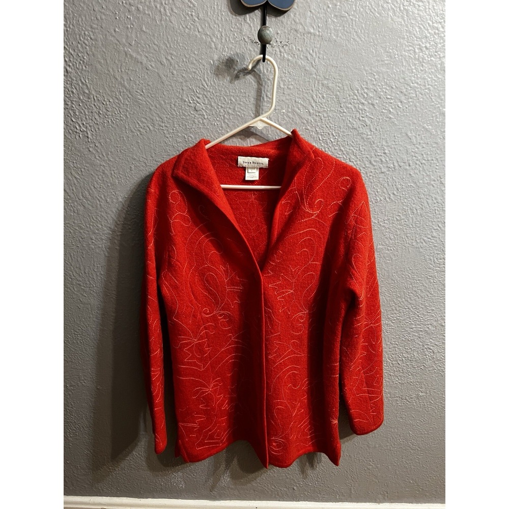 Susan Bristol Cardigan Sweater Women's Large Orange Wool Embroidered